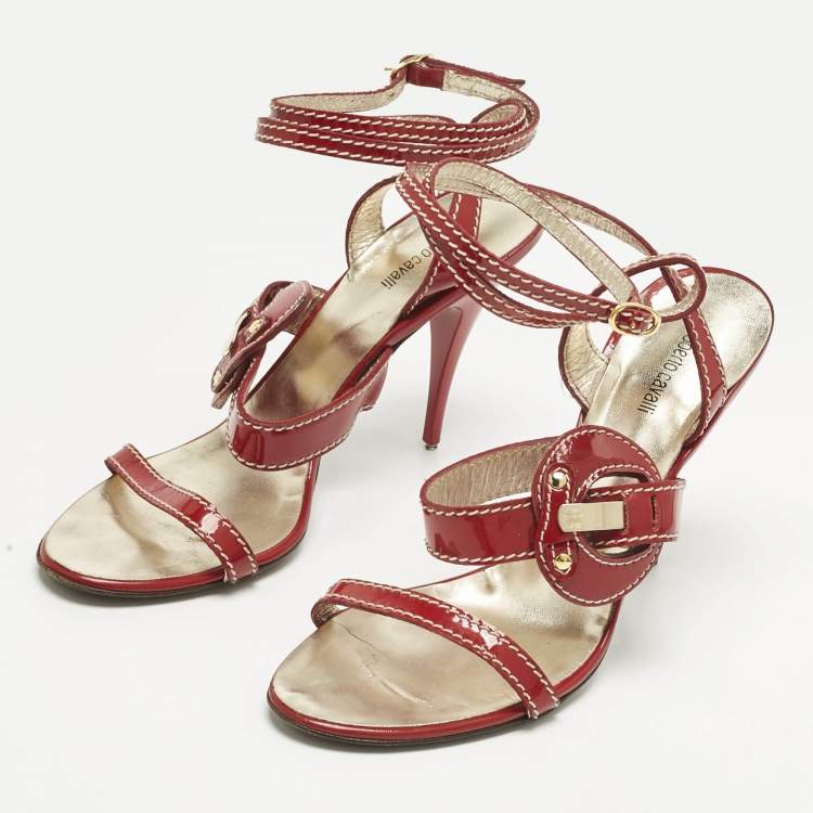 Pre Owned Roberto Cavalli Red Patent Leather Ankle Wrap Sandals Size 38