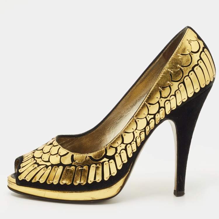 Pre Owned Roberto Cavalli Black/Gold Suede Scale Embellish Peep Toe Pumps Size 36.5