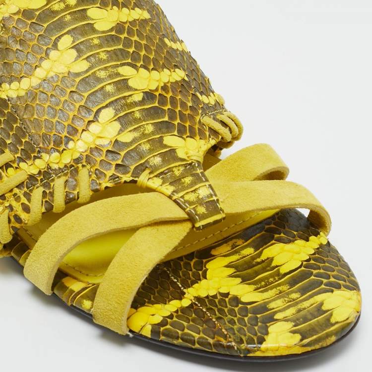Pre Owned Roberto Cavalli Yellow/Black Watersnake Leather Ankle Strap Flat Sandals Size 38