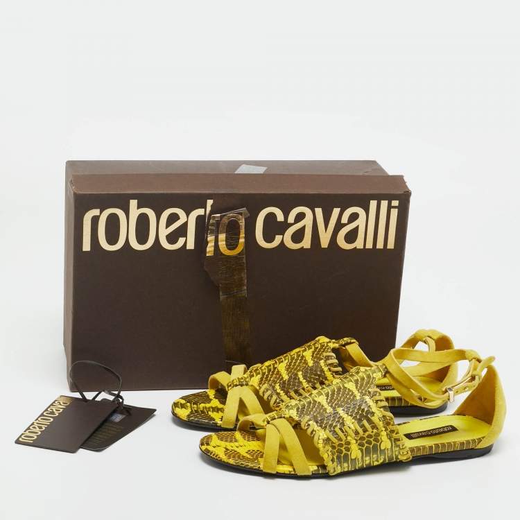 Pre Owned Roberto Cavalli Yellow/Black Watersnake Leather Ankle Strap Flat Sandals Size 38