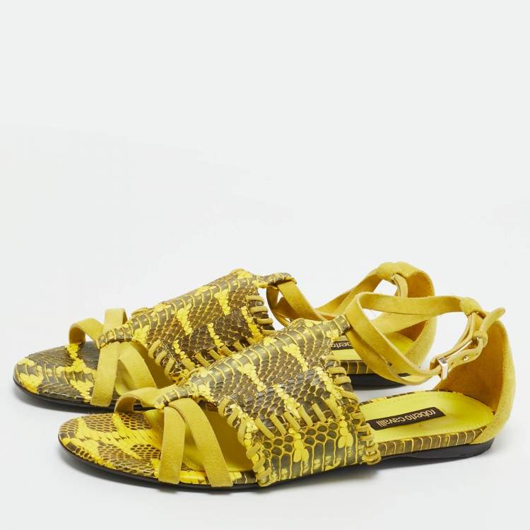 Pre Owned Roberto Cavalli Yellow/Black Watersnake Leather Ankle Strap Flat Sandals Size 38