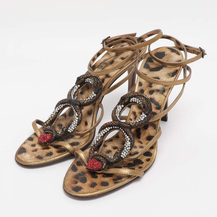 Pre Owned Roberto Cavalli Gold Leather Heart Snake Ankle Strap Sandals Size 38