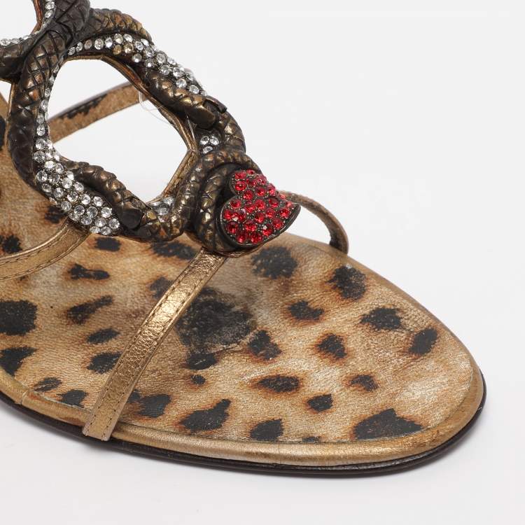 Pre Owned Roberto Cavalli Gold Leather Heart Snake Ankle Strap Sandals Size 38
