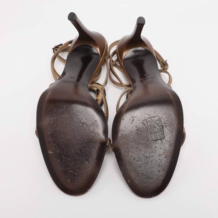 Pre Owned Roberto Cavalli Gold Leather Heart Snake Ankle Strap Sandals Size 38