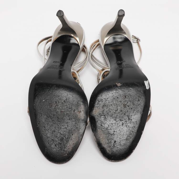 Pre Owned Roberto Cavalli Silver Leather Heart Snake Ankle Strap Sandals Size 38