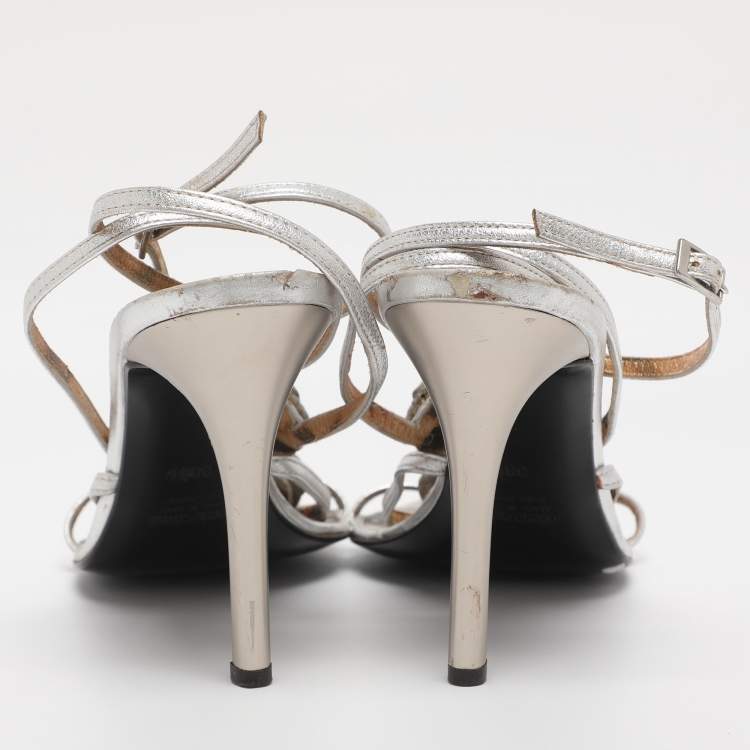 Pre Owned Roberto Cavalli Silver Leather Heart Snake Ankle Strap Sandals Size 38