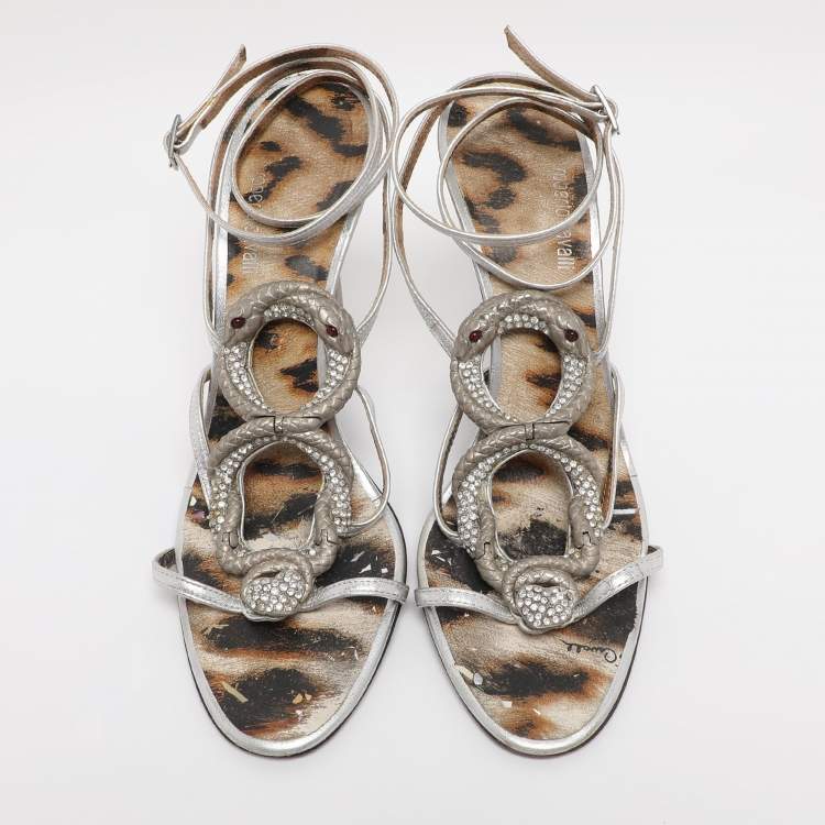 Pre Owned Roberto Cavalli Silver Leather Heart Snake Ankle Strap Sandals Size 38