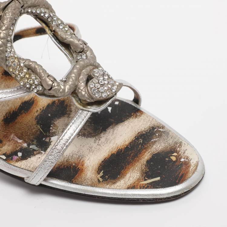 Pre Owned Roberto Cavalli Silver Leather Heart Snake Ankle Strap Sandals Size 38
