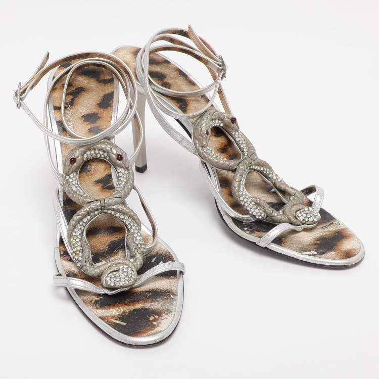 Pre Owned Roberto Cavalli Silver Leather Heart Snake Ankle Strap Sandals Size 38