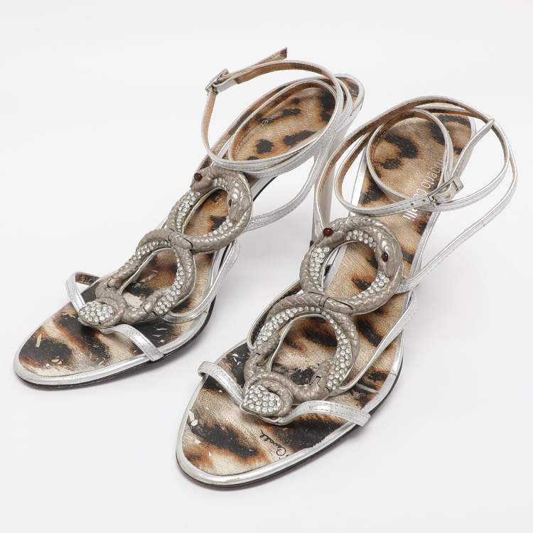 Pre Owned Roberto Cavalli Silver Leather Heart Snake Ankle Strap Sandals Size 38