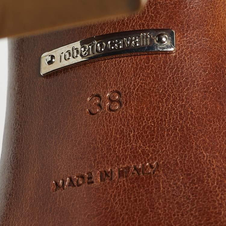 Pre Owned Roberto Cavalli Brown/Black Leather Crystal Embellished Ankle Strap Sandals Size 38