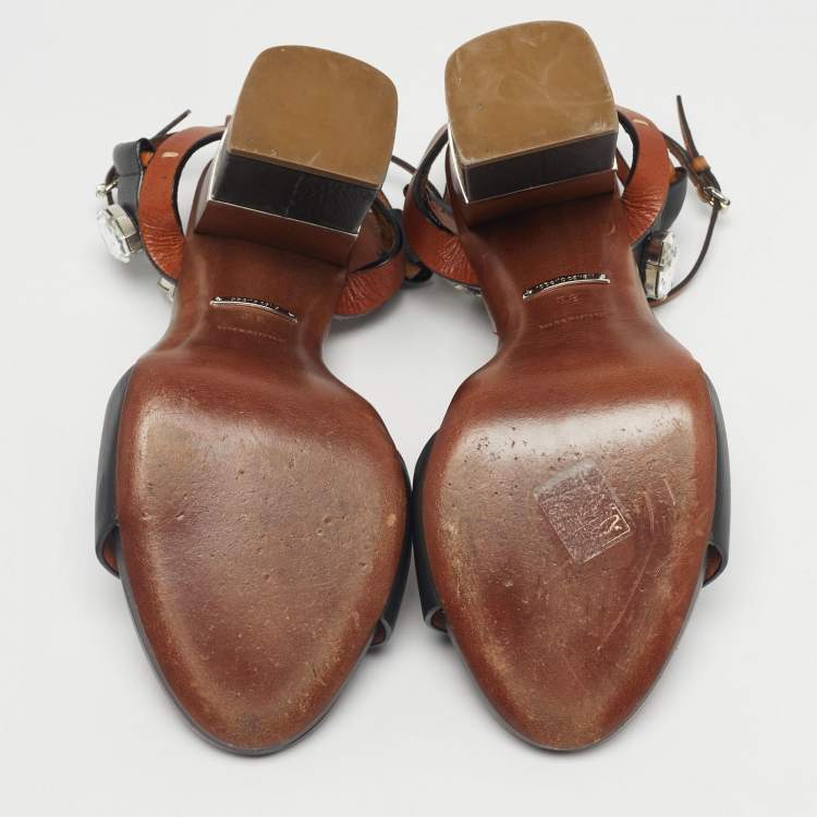 Pre Owned Roberto Cavalli Brown/Black Leather Crystal Embellished Ankle Strap Sandals Size 38