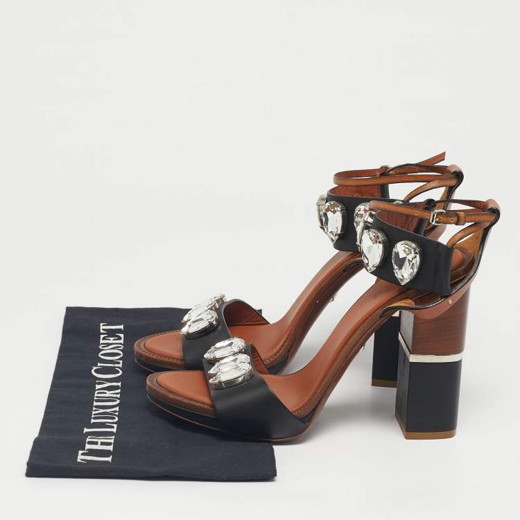 Pre Owned Roberto Cavalli Brown/Black Leather Crystal Embellished Ankle Strap Sandals Size 38