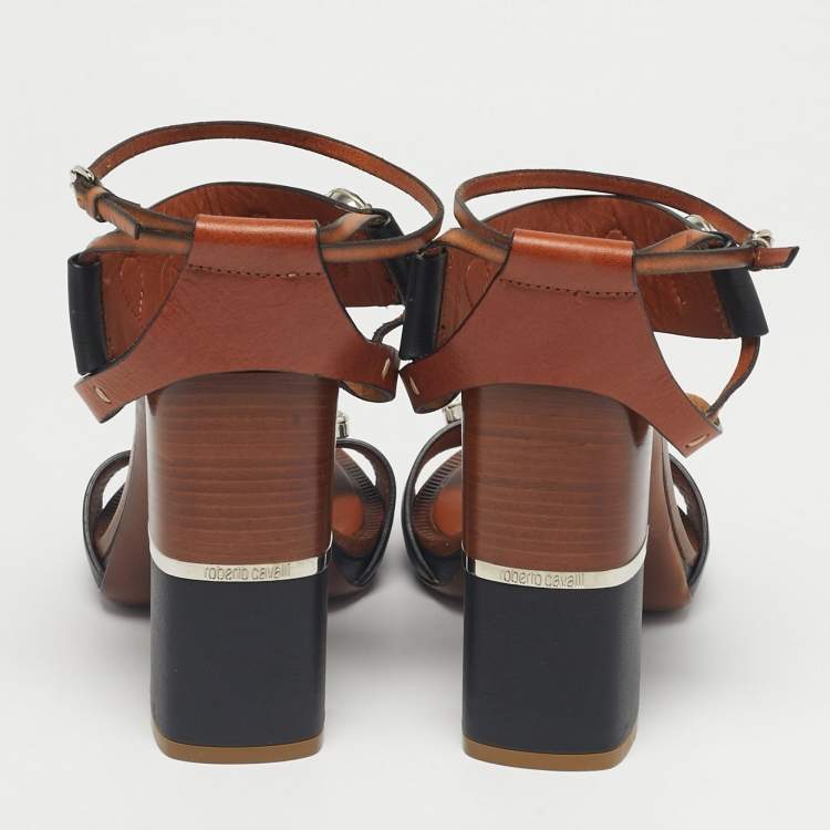 Pre Owned Roberto Cavalli Brown/Black Leather Crystal Embellished Ankle Strap Sandals Size 38