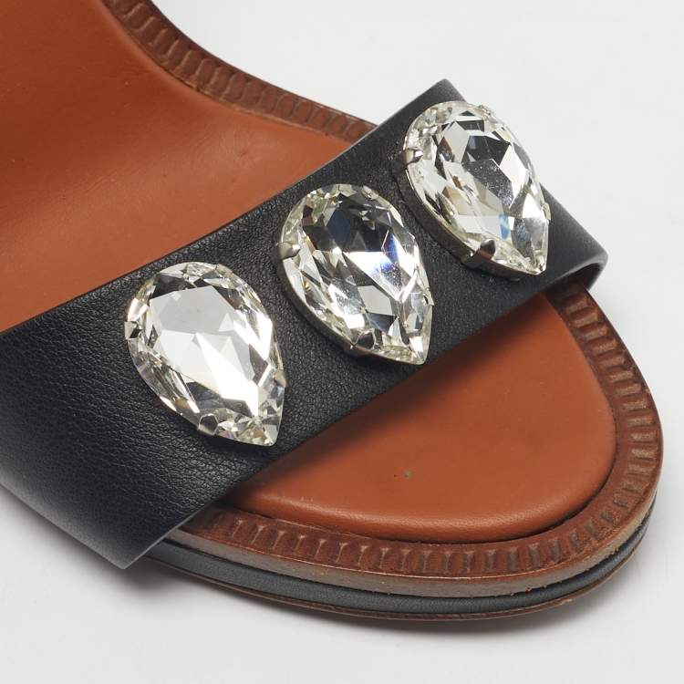 Pre Owned Roberto Cavalli Brown/Black Leather Crystal Embellished Ankle Strap Sandals Size 38