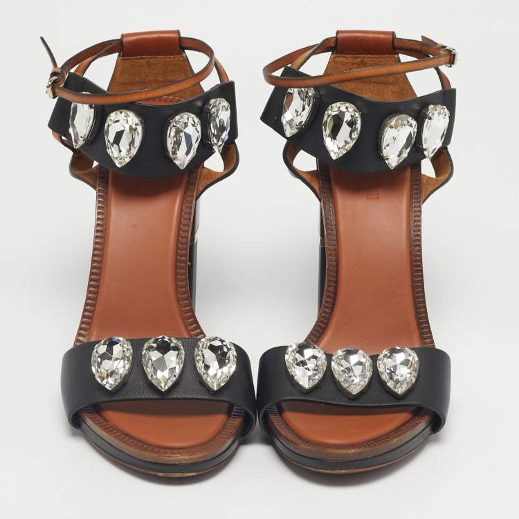 Pre Owned Roberto Cavalli Brown/Black Leather Crystal Embellished Ankle Strap Sandals Size 38