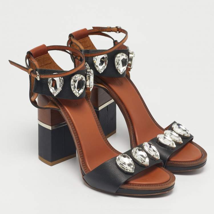 Pre Owned Roberto Cavalli Brown/Black Leather Crystal Embellished Ankle Strap Sandals Size 38