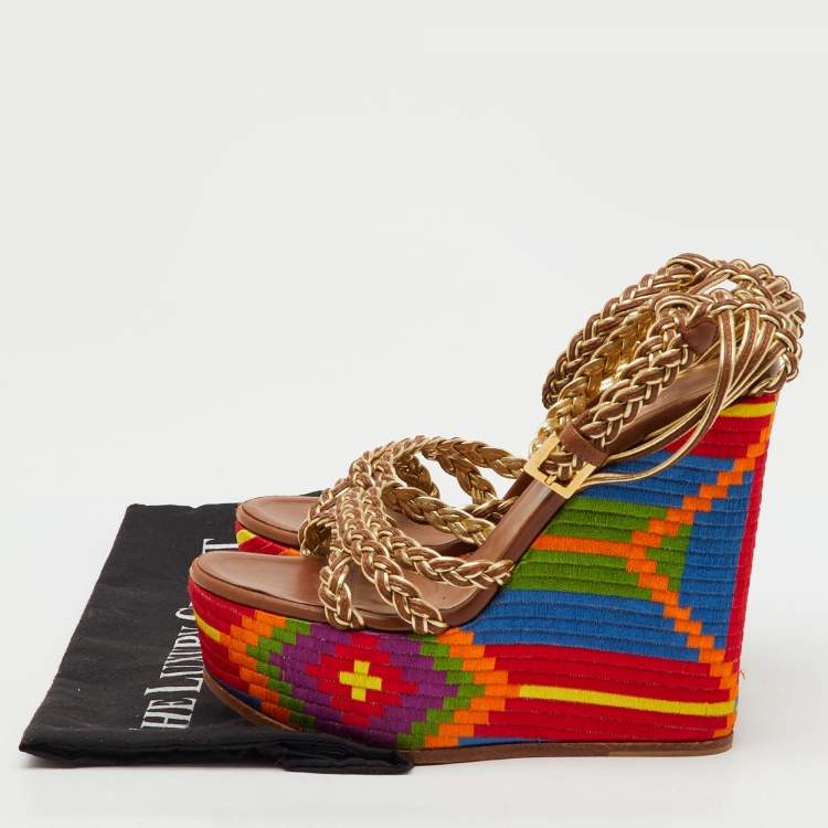 Pre Owned Roberto Cavalli Gold Braided Leather Platform Wedge Ankle Strap Sandals Size 38