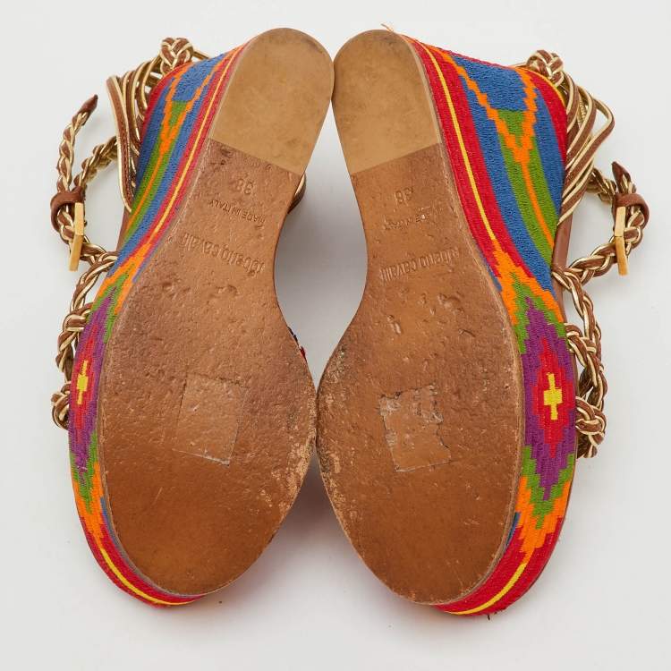 Pre Owned Roberto Cavalli Gold Braided Leather Platform Wedge Ankle Strap Sandals Size 38