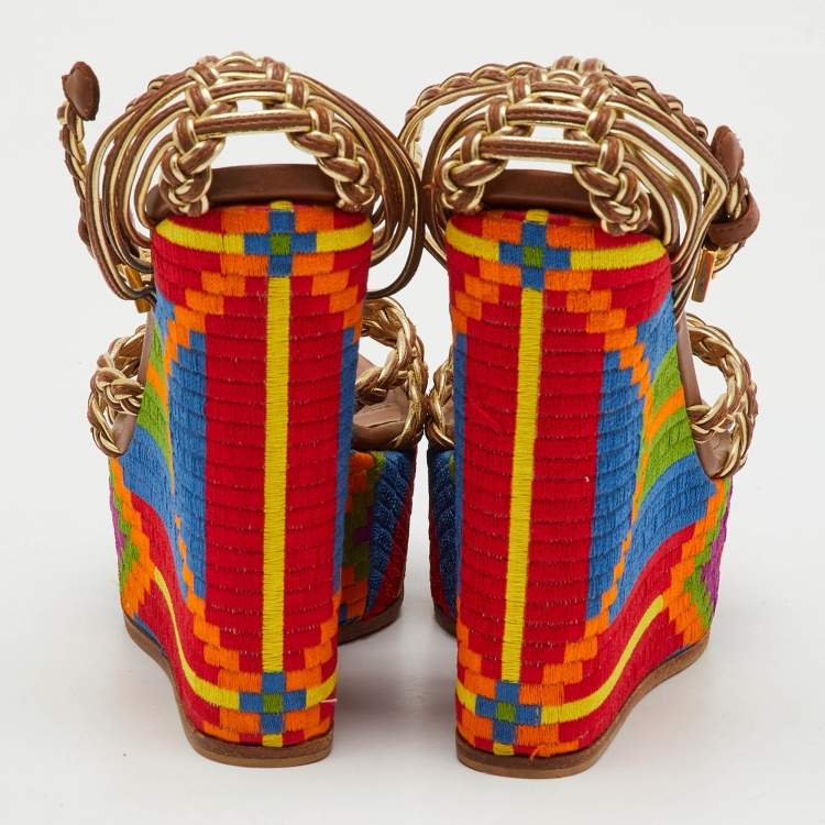 Pre Owned Roberto Cavalli Gold Braided Leather Platform Wedge Ankle Strap Sandals Size 38