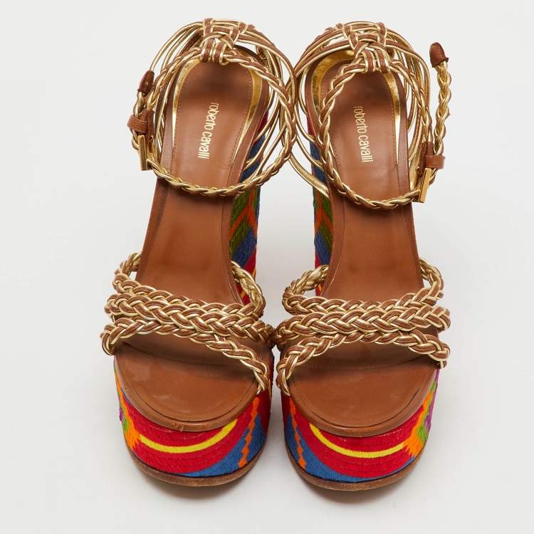 Pre Owned Roberto Cavalli Gold Braided Leather Platform Wedge Ankle Strap Sandals Size 38