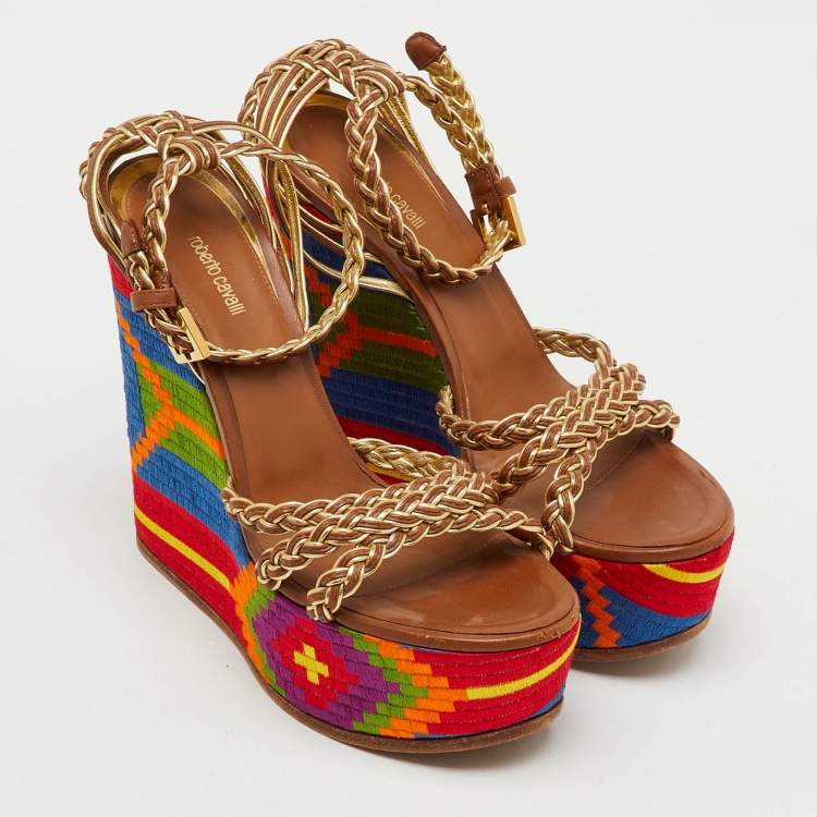 Pre Owned Roberto Cavalli Gold Braided Leather Platform Wedge Ankle Strap Sandals Size 38