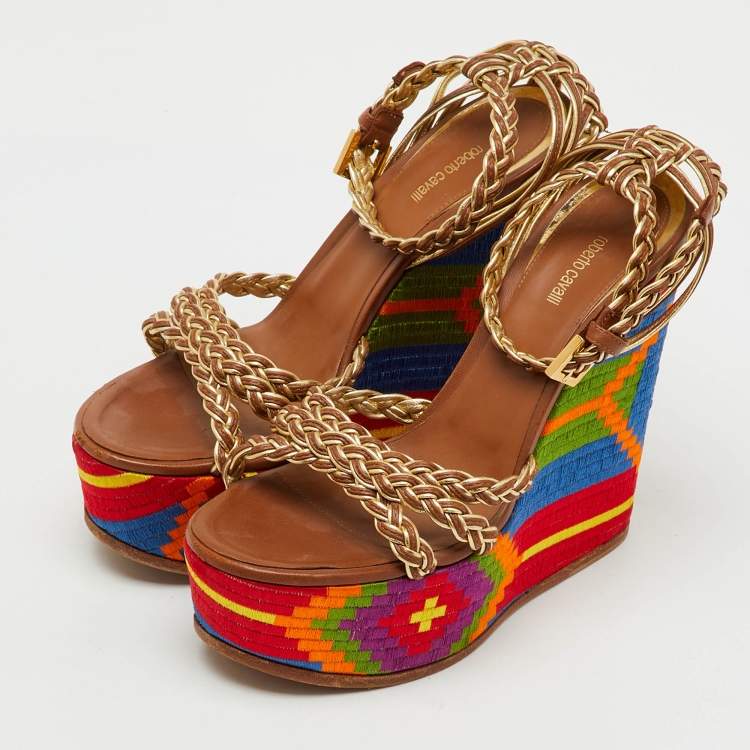 Pre Owned Roberto Cavalli Gold Braided Leather Platform Wedge Ankle Strap Sandals Size 38