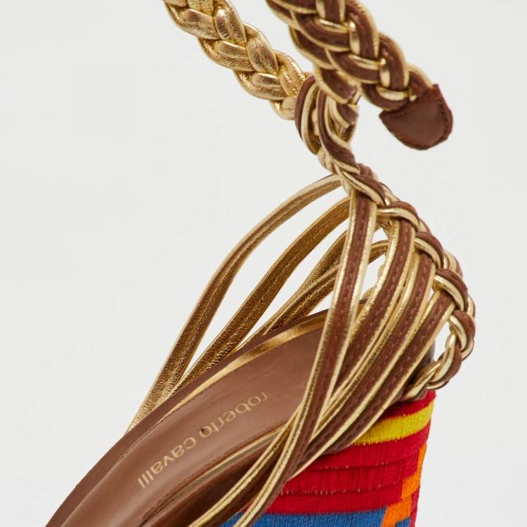 Pre Owned Roberto Cavalli Gold Braided Leather Platform Wedge Ankle Strap Sandals Size 38