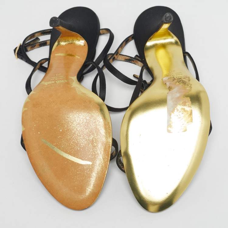 Pre Owned Roberto Cavalli Black Satin Heart Snake Ankle Strap Sandals Size 40