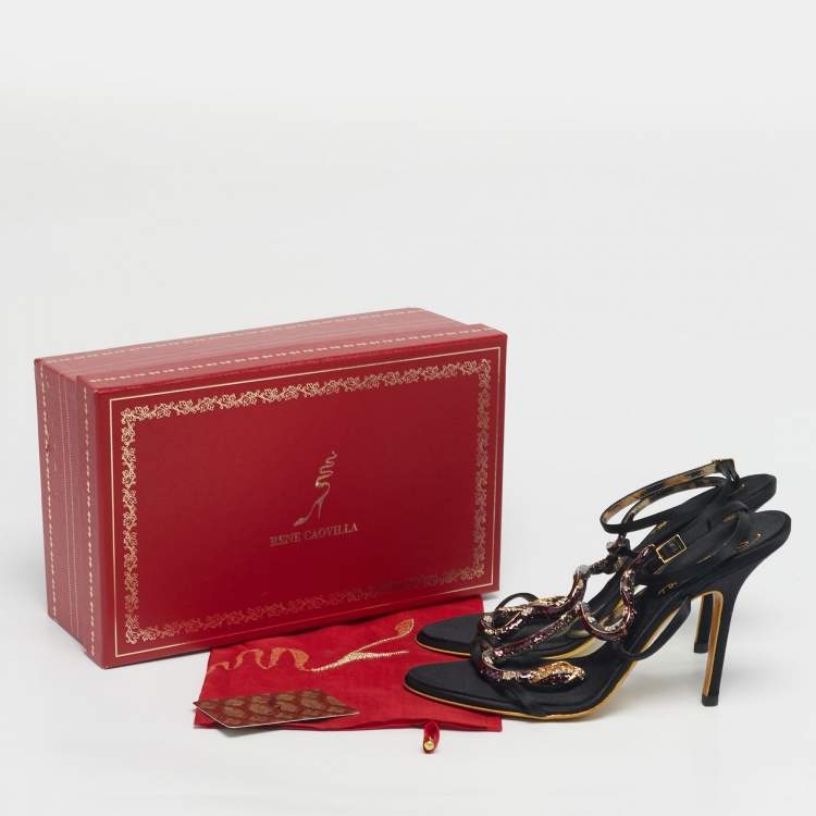 Pre Owned Roberto Cavalli Black Satin Heart Snake Ankle Strap Sandals Size 40