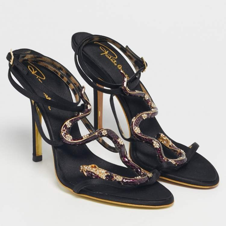 Pre Owned Roberto Cavalli Black Satin Heart Snake Ankle Strap Sandals Size 40