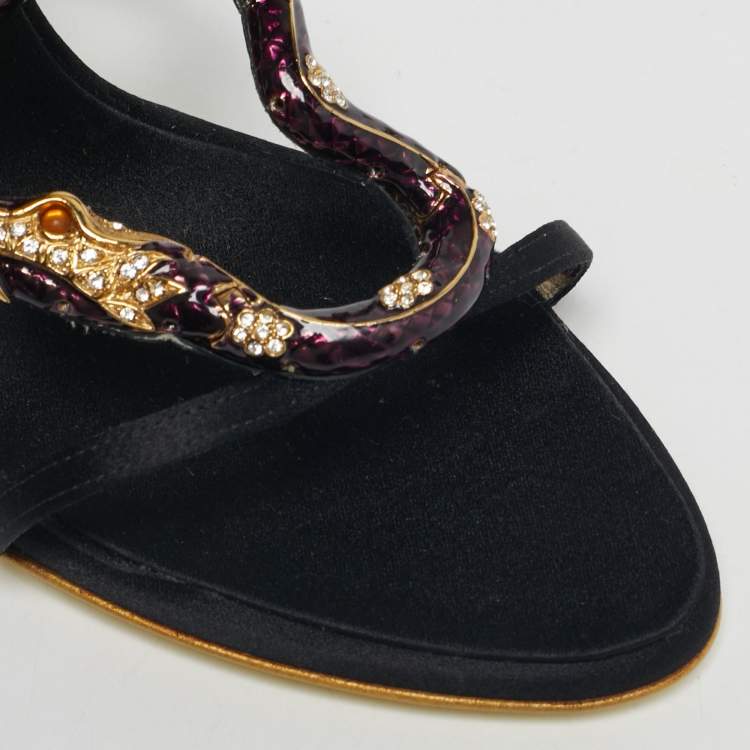 Pre Owned Roberto Cavalli Black Satin Heart Snake Ankle Strap Sandals Size 40