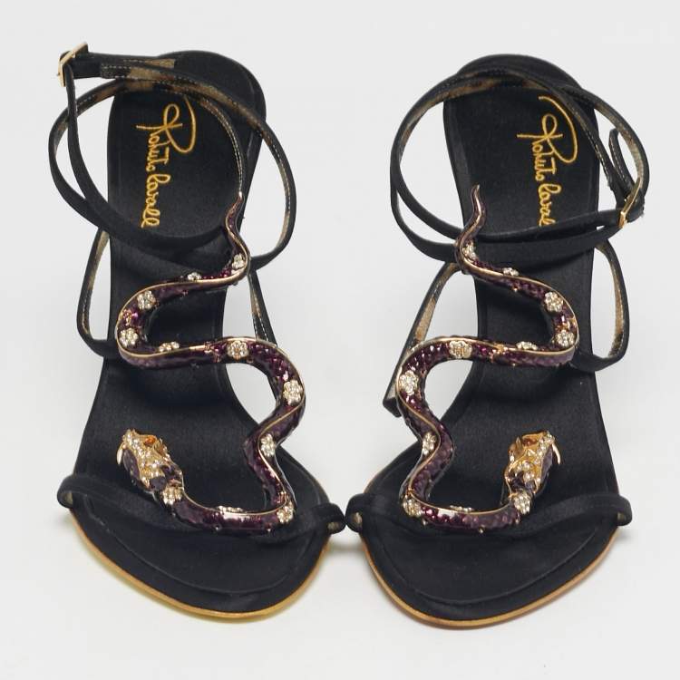 Pre Owned Roberto Cavalli Black Satin Heart Snake Ankle Strap Sandals Size 40