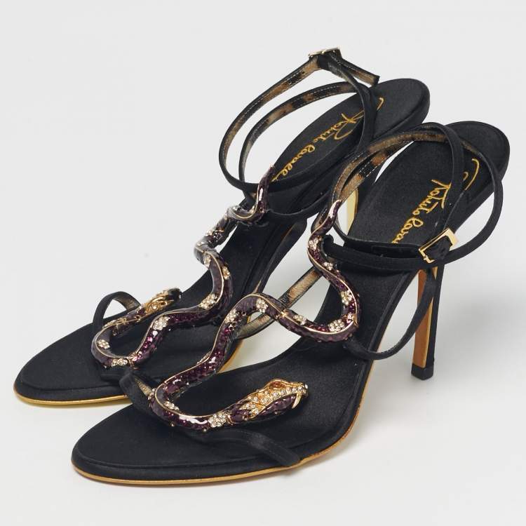 Pre Owned Roberto Cavalli Black Satin Heart Snake Ankle Strap Sandals Size 40