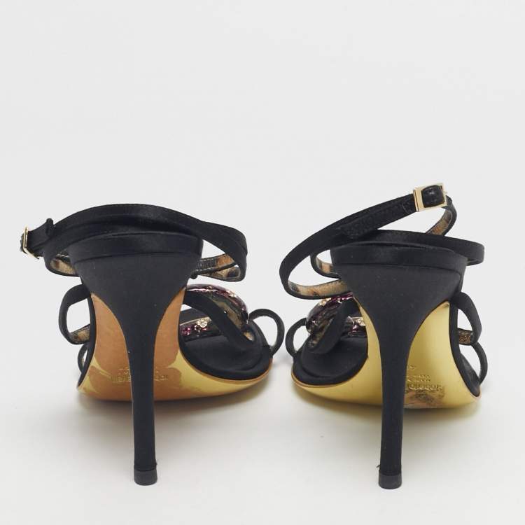 Pre Owned Roberto Cavalli Black Satin Heart Snake Ankle Strap Sandals Size 40