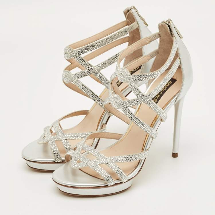 Pre Owned Roberto Cavalli Silver Leather Crystal Embellished Strappy Sandals Size 37