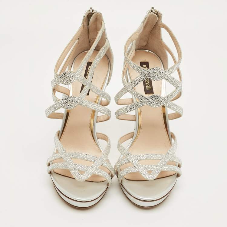 Pre Owned Roberto Cavalli Silver Leather Crystal Embellished Strappy Sandals Size 37
