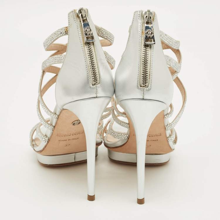 Pre Owned Roberto Cavalli Silver Leather Crystal Embellished Strappy Sandals Size 37