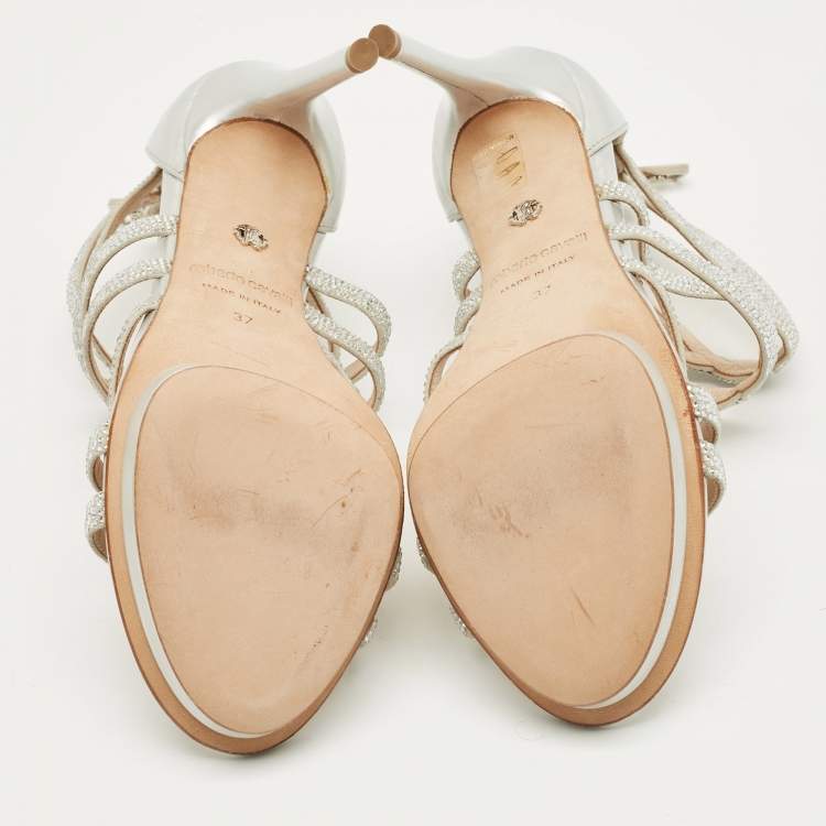 Pre Owned Roberto Cavalli Silver Leather Crystal Embellished Strappy Sandals Size 37