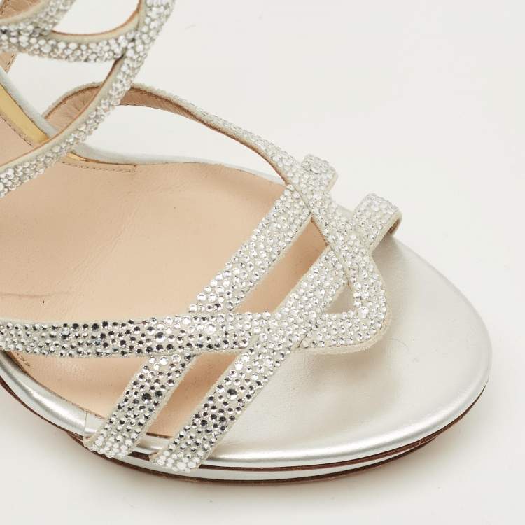 Pre Owned Roberto Cavalli Silver Leather Crystal Embellished Strappy Sandals Size 37