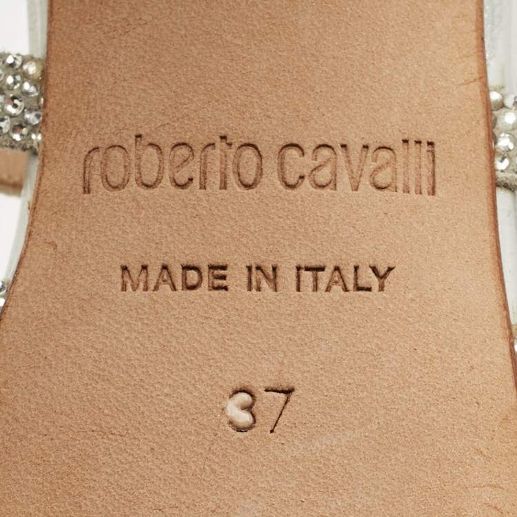 Pre Owned Roberto Cavalli Silver Leather Crystal Embellished Strappy Sandals Size 37