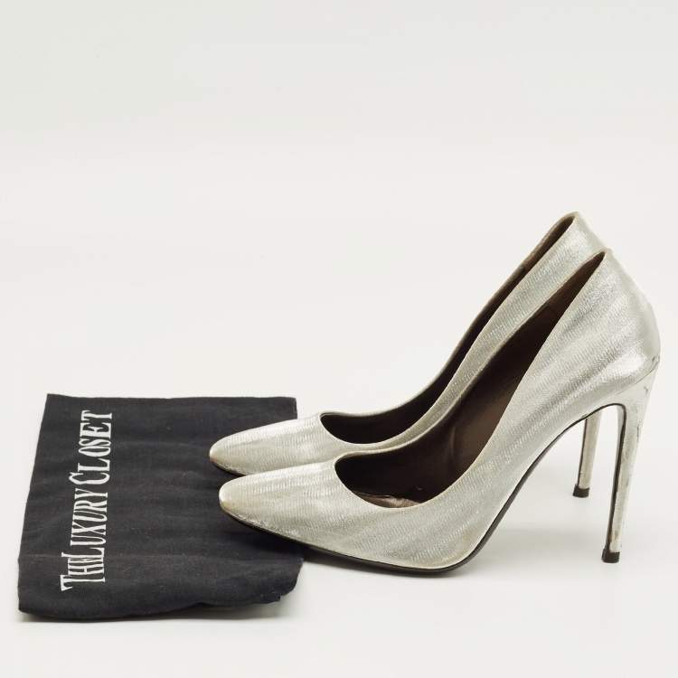 Pre Owned Roberto Cavalli Silver Metallic Lurex Fabric Pumps Size 38