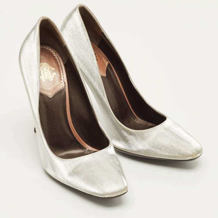 Pre Owned Roberto Cavalli Silver Metallic Lurex Fabric Pumps Size 38