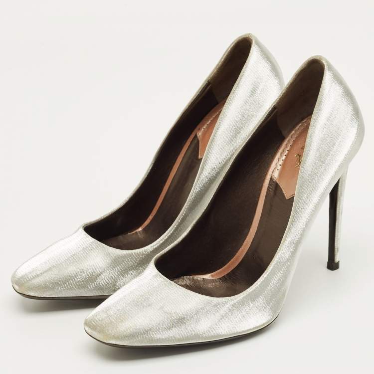 Pre Owned Roberto Cavalli Silver Metallic Lurex Fabric Pumps Size 38