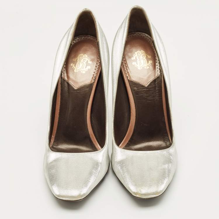 Pre Owned Roberto Cavalli Silver Metallic Lurex Fabric Pumps Size 38