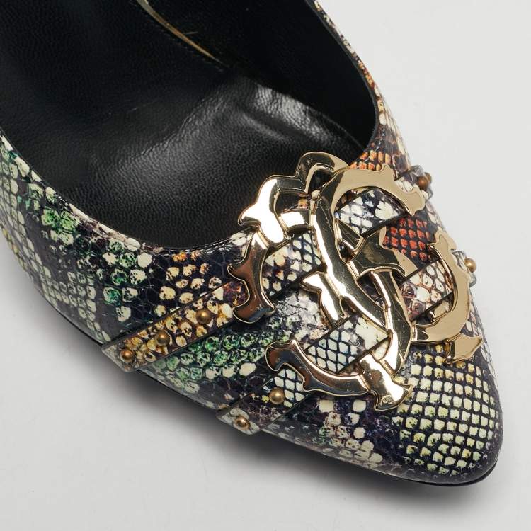 مملوكة مسبقًا Roberto Cavalli Size 41 Multicolor Python Embossed Leather Pointed Toe Platform Pumps