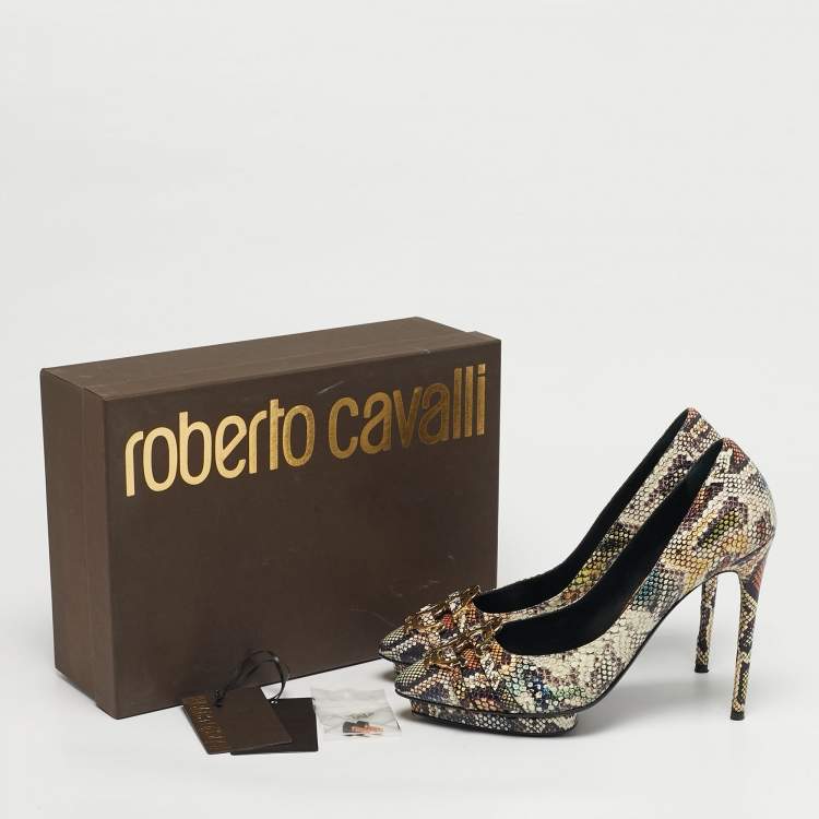 مملوكة مسبقًا Roberto Cavalli Size 41 Multicolor Python Embossed Leather Pointed Toe Platform Pumps