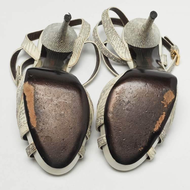 Pre Owned Roberto Cavalli Size 39 Grey Lizard Embossed Leather Ankle Strap Sandals