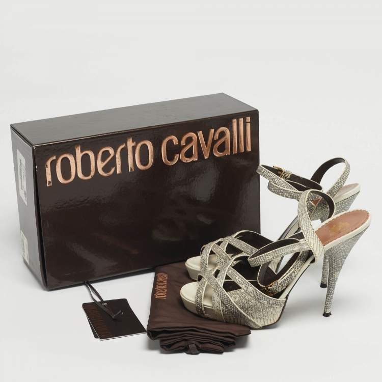 Pre Owned Roberto Cavalli Size 39 Grey Lizard Embossed Leather Ankle Strap Sandals