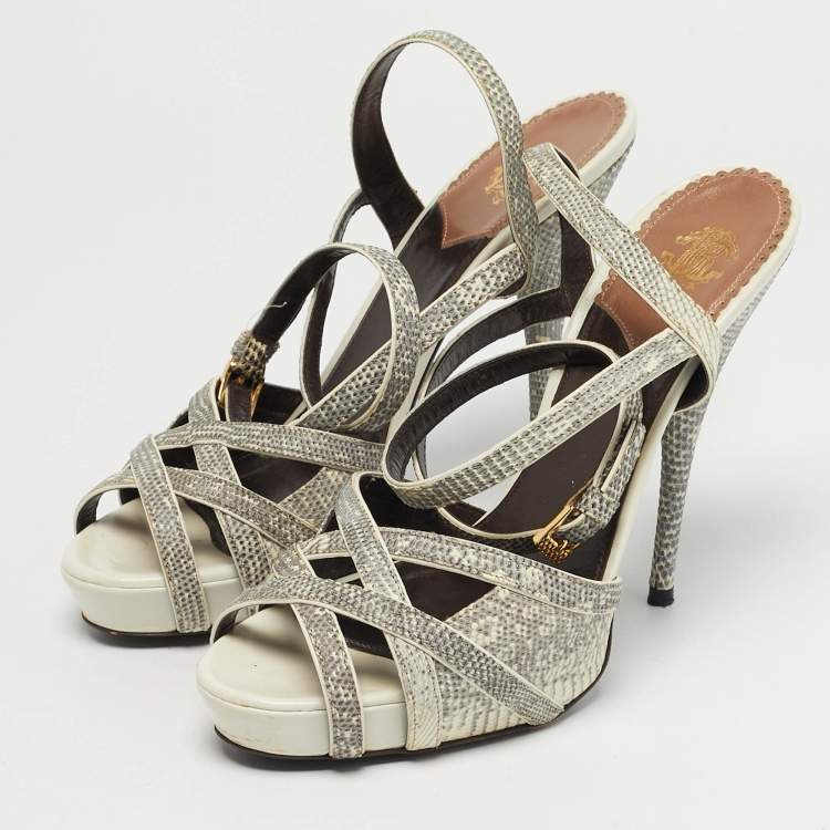 Pre Owned Roberto Cavalli Size 39 Grey Lizard Embossed Leather Ankle Strap Sandals